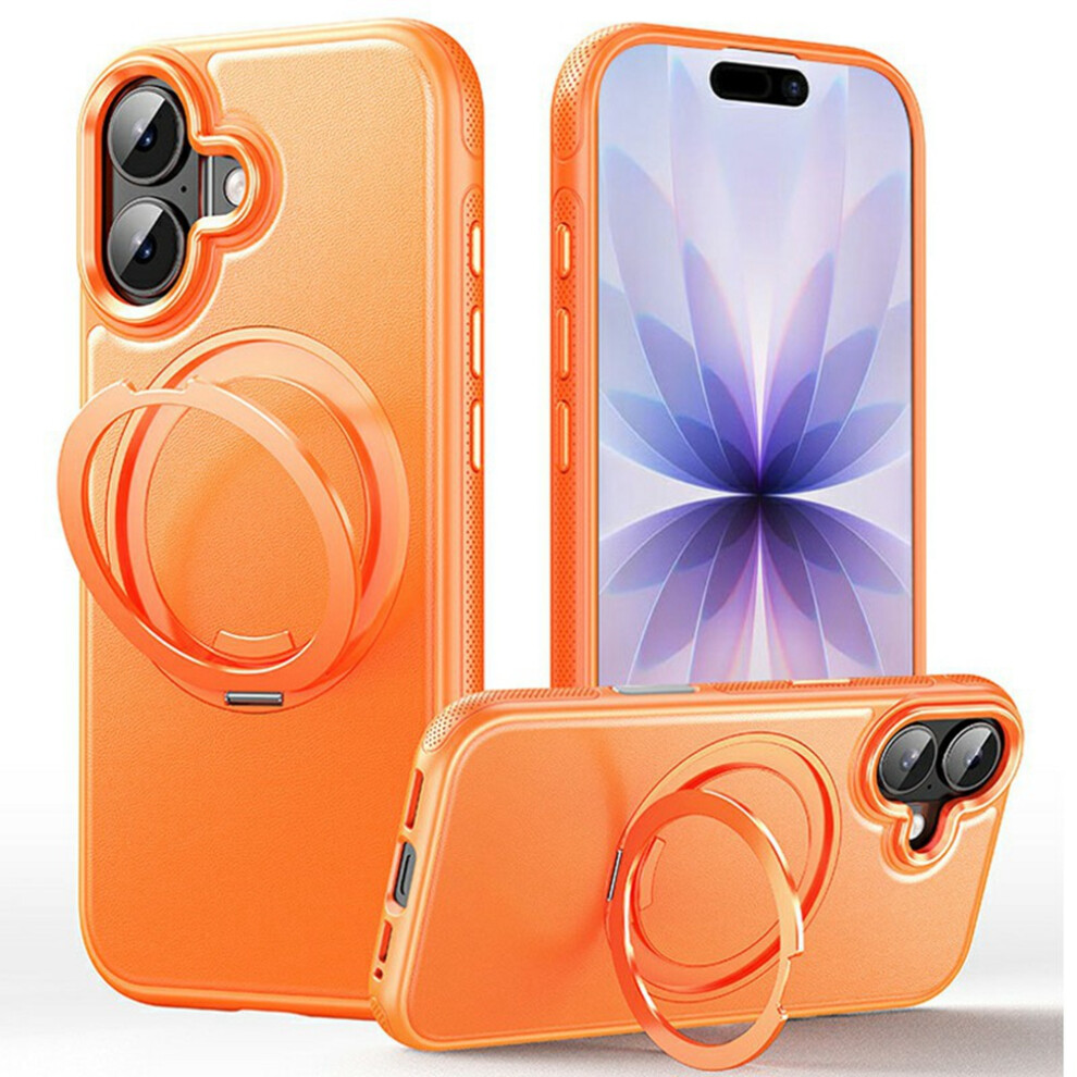 (Orange) For Iphone 17 Case Compatible With Magsafe Rotating Kickstand Litchi Texture Pc Tpu Phone Cover Orange 6914295071727
