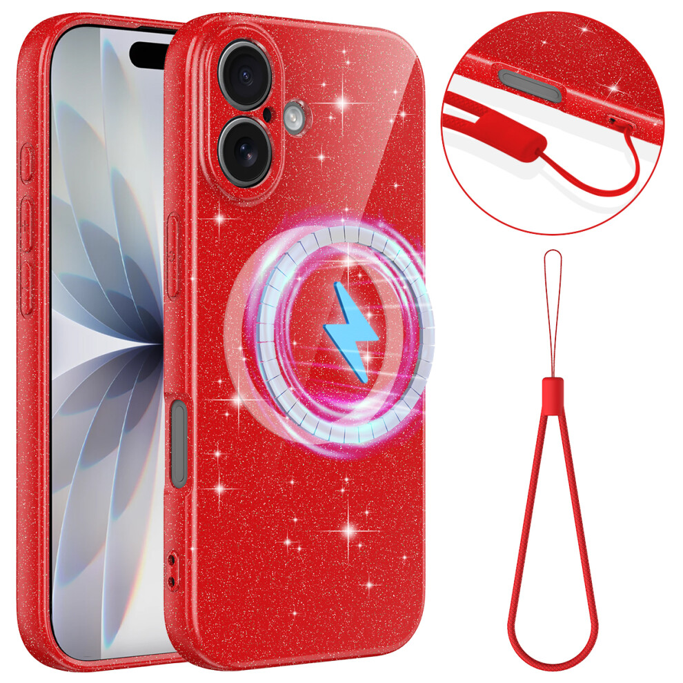 (Red) For Iphone 17 Magnetic Case Glitter Tpu Shockproof Phone Cover With Lanyard Compatible With Magsafe Red 6914297168142