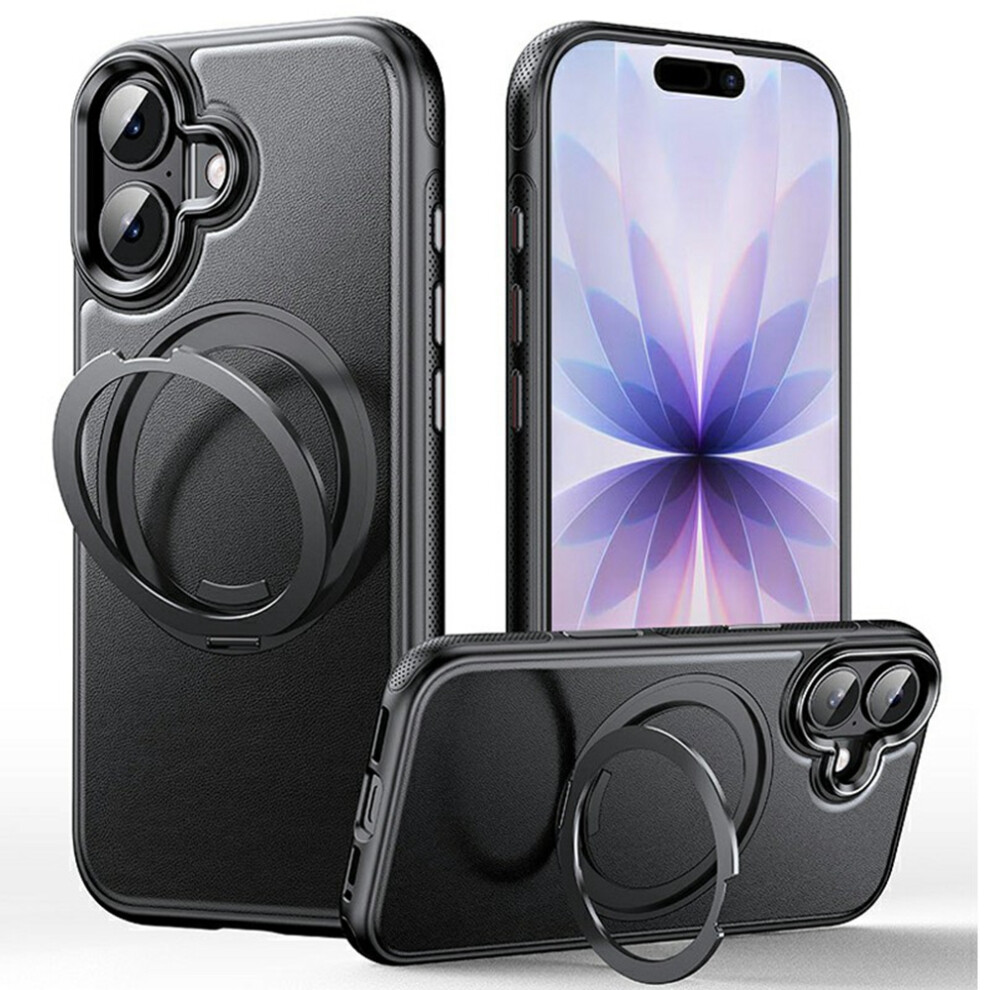 (Black) For Iphone 17 Case Compatible With Magsafe Rotating Kickstand Litchi Texture Pc Tpu Phone Cover Black 6914297614632