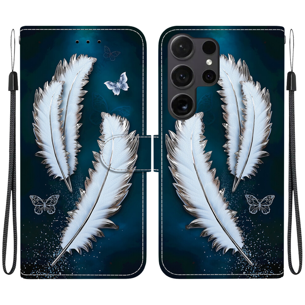 ( Butterfly Feather) For Samsung Galaxy S26 Ultra Case Pattern Printing Leather Flip Wallet Phone Cover With Lanyard White 6914295857819