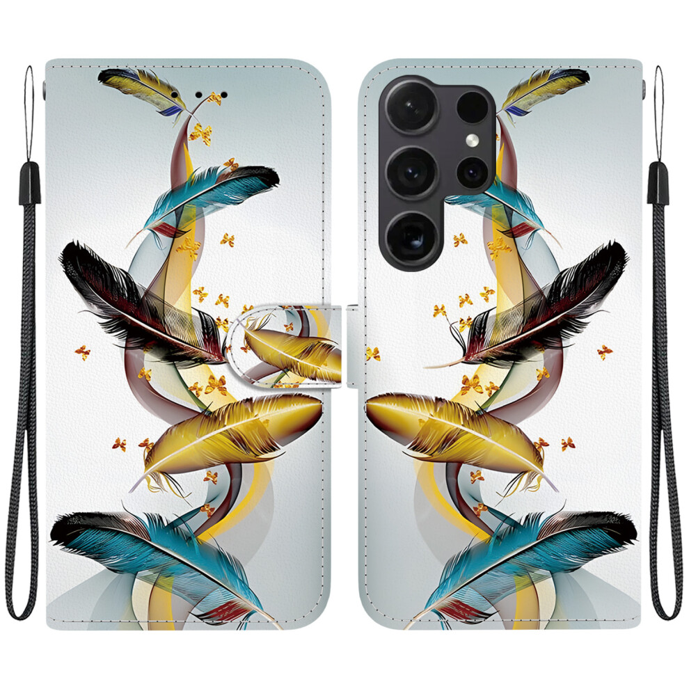 ( Butterfly Feather) For Samsung Galaxy S26 Ultra Case Pattern Printing Leather Flip Wallet Phone Cover With Lanyard Golden 6914294775572
