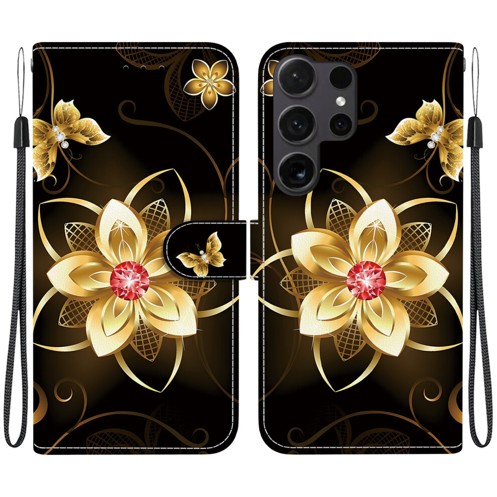 ( Flower) For Samsung Galaxy S26 Ultra Case Pattern Printing Leather Flip Wallet Phone Cover With Lanyard Golden 6914292256110