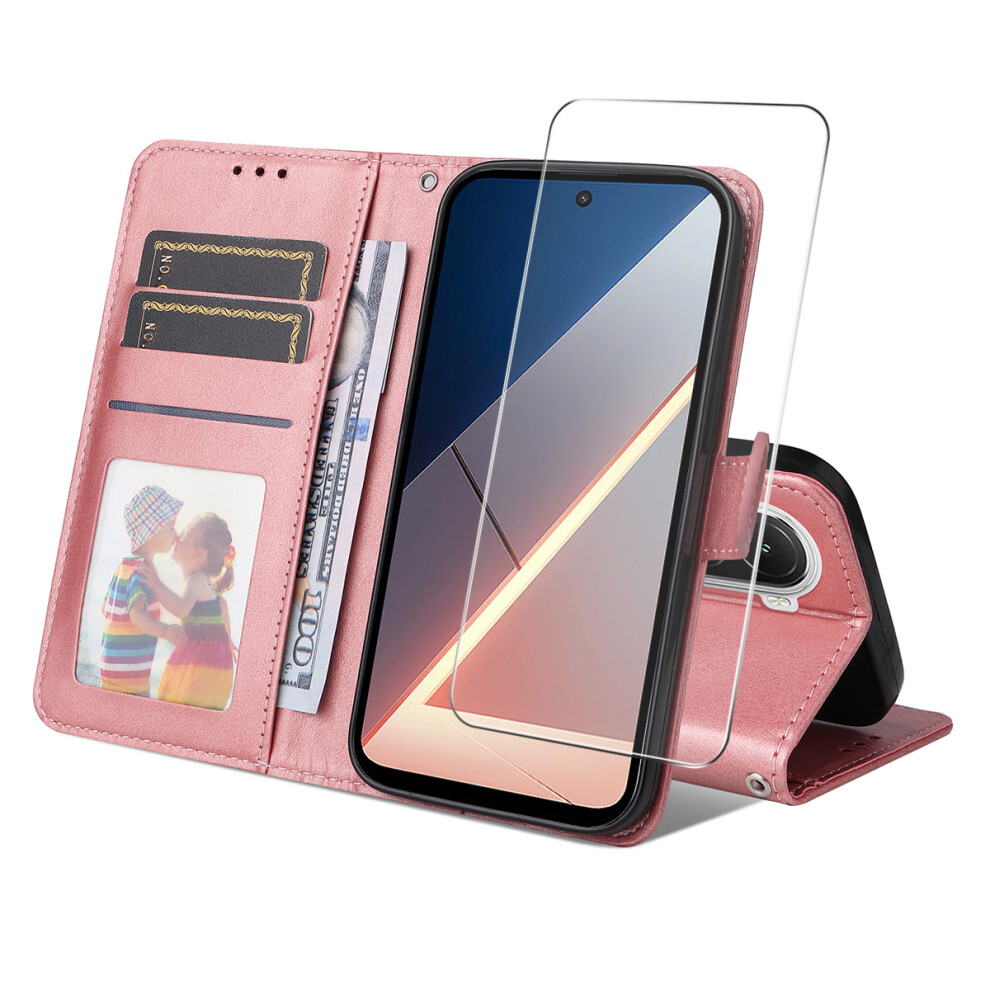 (Pink) For Xiaomi Poco M7 4G (169Mm) Pu Leather Wallet Case Phone Stand Cover With 9H Tempered Glass Pink 6914291836443