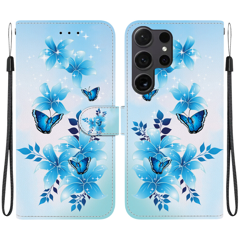 ( Butterfly) For Samsung Galaxy S26 Ultra Case Pattern Printing Leather Flip Wallet Phone Cover With Lanyard Blue 6914296360004