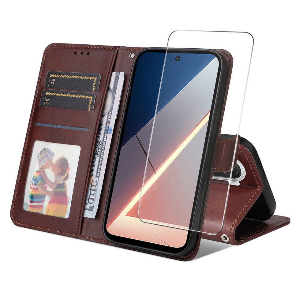 (Brown) For Xiaomi Poco M7 4G (169Mm) Pu Leather Wallet Case Phone Stand Cover With 9H Tempered Glass Brown 6914297773681