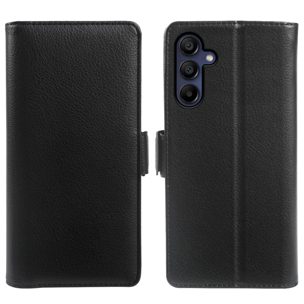 (Black) For Samsung Galaxy A15 4G / A15 5G Wallet Case With Dual Magnetic Clasp Litchi Textured Leather Flip Stand Phone Cover Black 6914296943733
