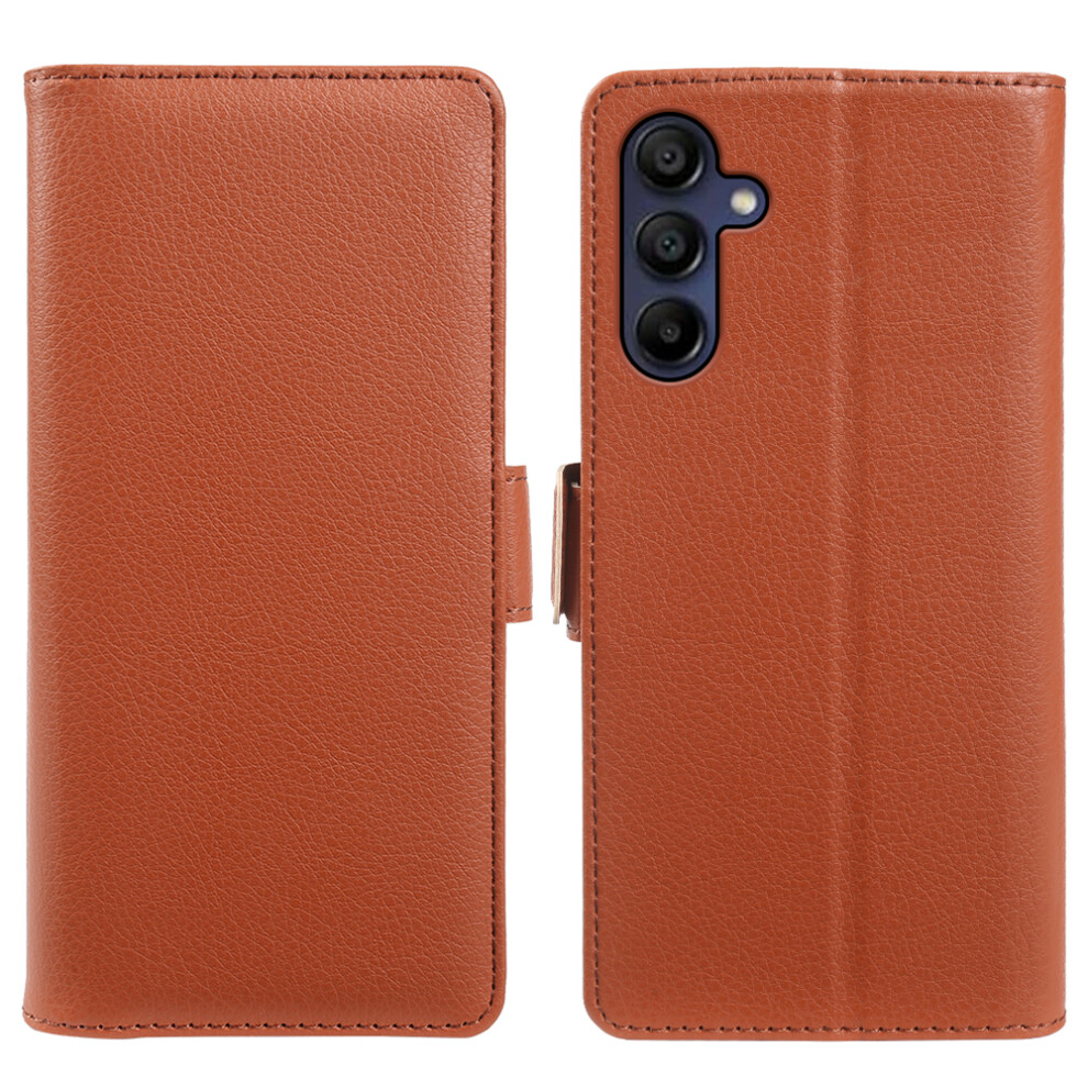 (Brown) For Samsung Galaxy A15 4G / A15 5G Wallet Case With Dual Magnetic Clasp Litchi Textured Leather Flip Stand Phone Cover Brown 6914299236085