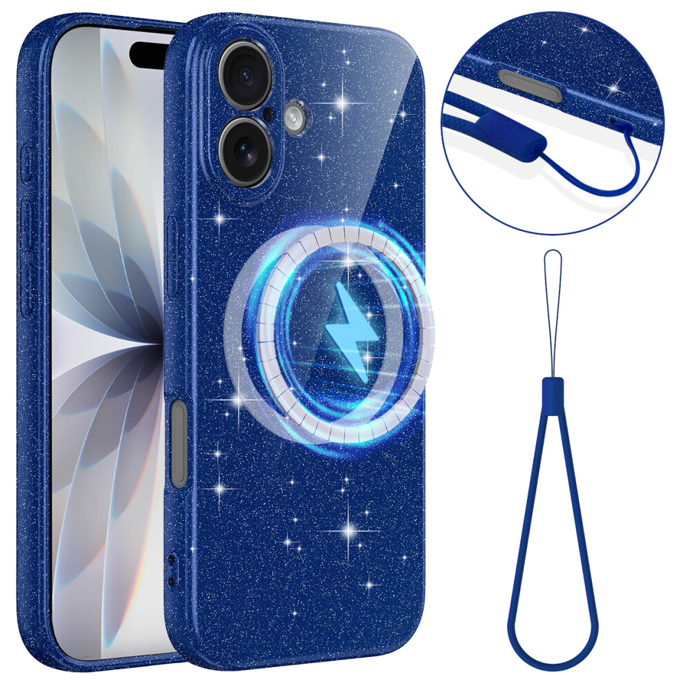 (Blue) For Iphone 17 Magnetic Case Glitter Tpu Shockproof Phone Cover With Lanyard Compatible With Magsafe Blue 6914292273407