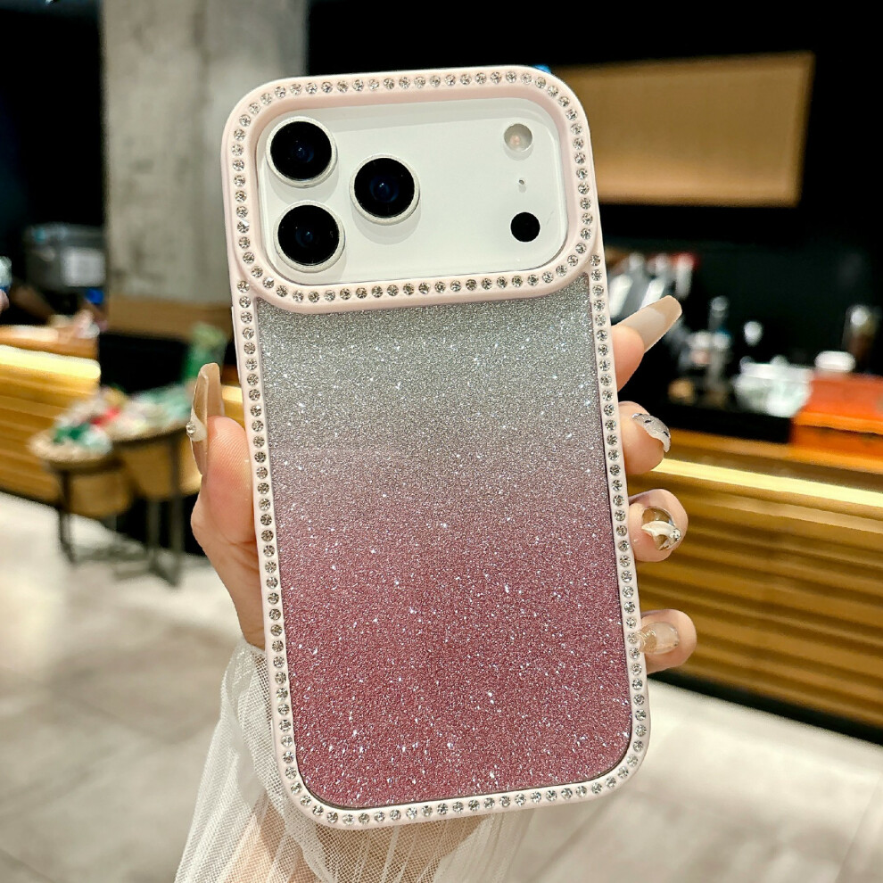 (Pink) For Iphone 17 Pro Case Gradient Glitter Rhinestone Decor Tpu Acrylic Shockproof Phone Cover Pink 6914294834682