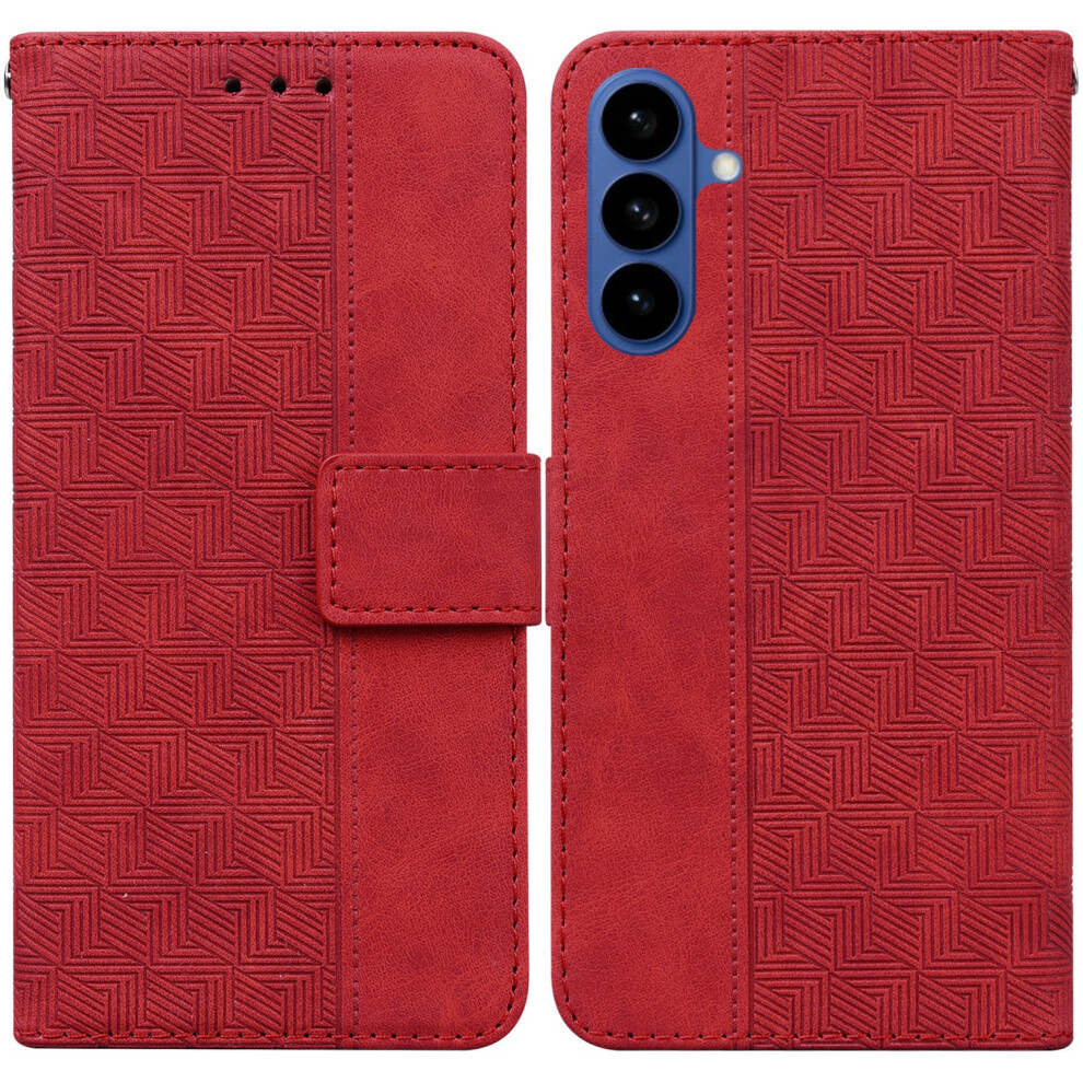 (Red) For Samsung Galaxy A37 5G Case Geometry Pattern Leather Wallet Phone Cover With Wrist Strap Red 6914292380419