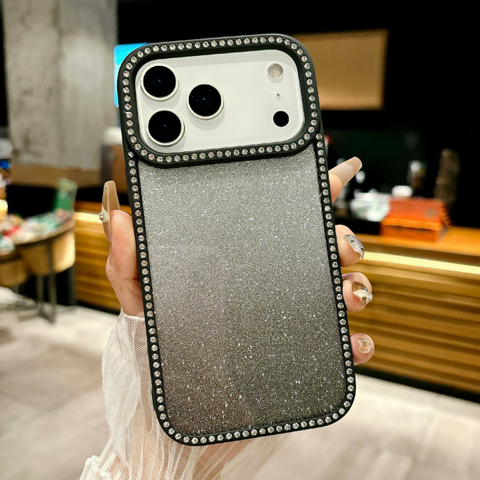 (Black) For Iphone 17 Pro Case Gradient Glitter Rhinestone Decor Tpu Acrylic Shockproof Phone Cover Black 6914293848109
