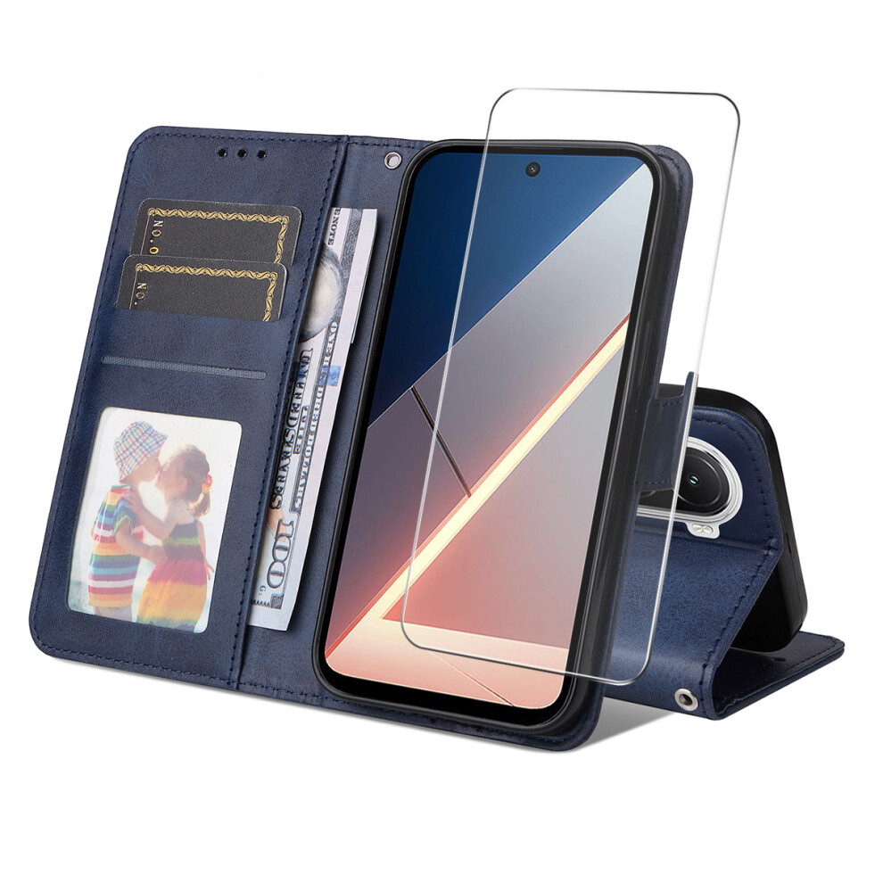 (Blue) For Xiaomi Poco M7 4G (169Mm) Pu Leather Wallet Case Phone Stand Cover With 9H Tempered Glass Blue 6914292154621