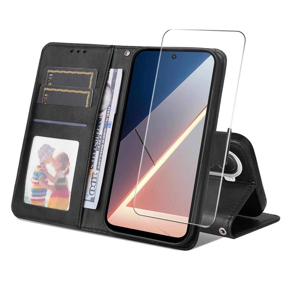 (Black) For Xiaomi Poco M7 4G (169Mm) Pu Leather Wallet Case Phone Stand Cover With 9H Tempered Glass Black 6914292621765