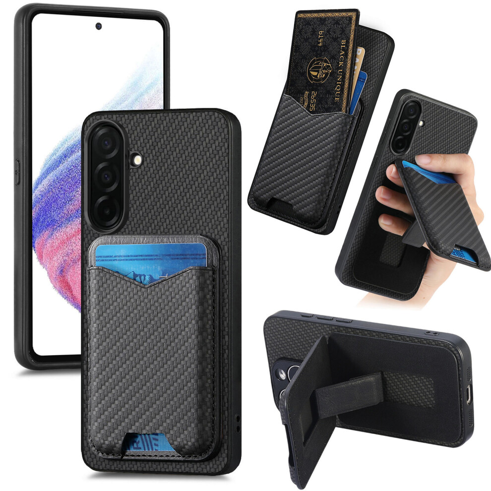 (Black) For Samsung Galaxy A37 5G Case Card Holder Kickstand Carbon Fiber Texture Back Cover Black 6914293679185