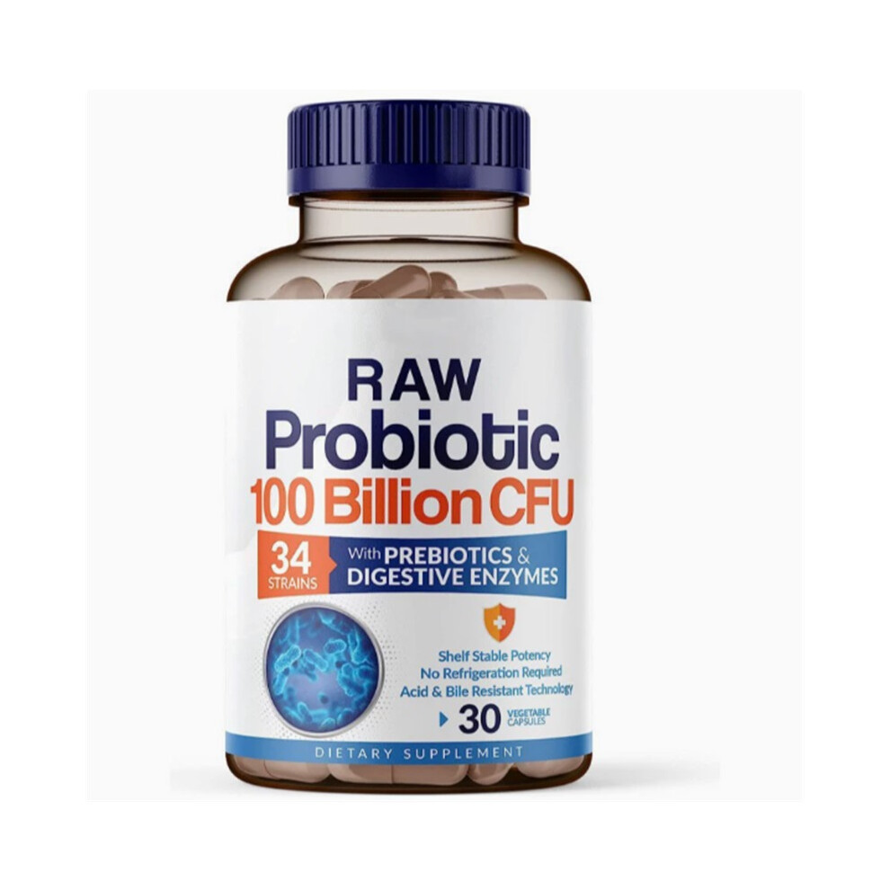 (30 Count (Pack of 1))Raw Probiotics 100 Billion CFU,  Adult Supplement with Prebiotics and Digestive Enzymes; 30 Capsules