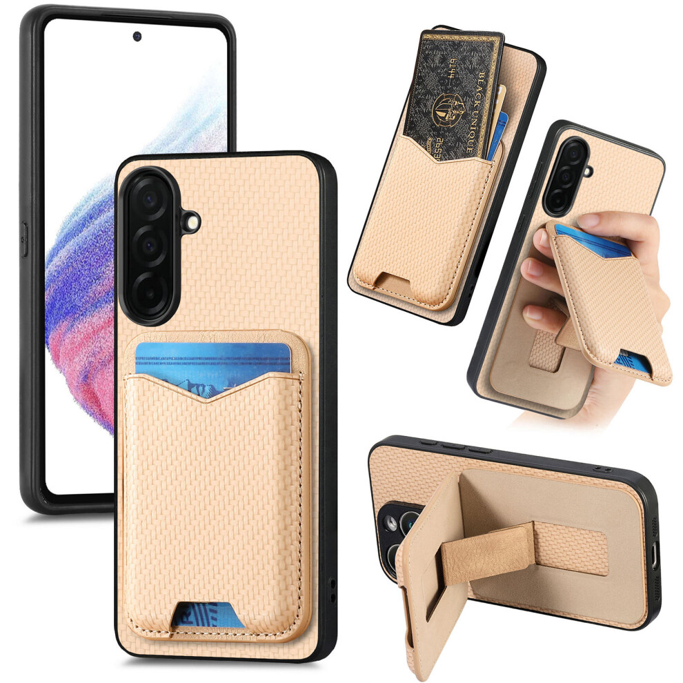 (Khaki) For Samsung Galaxy A37 5G Case Card Holder Kickstand Carbon Fiber Texture Back Cover 6914296042054