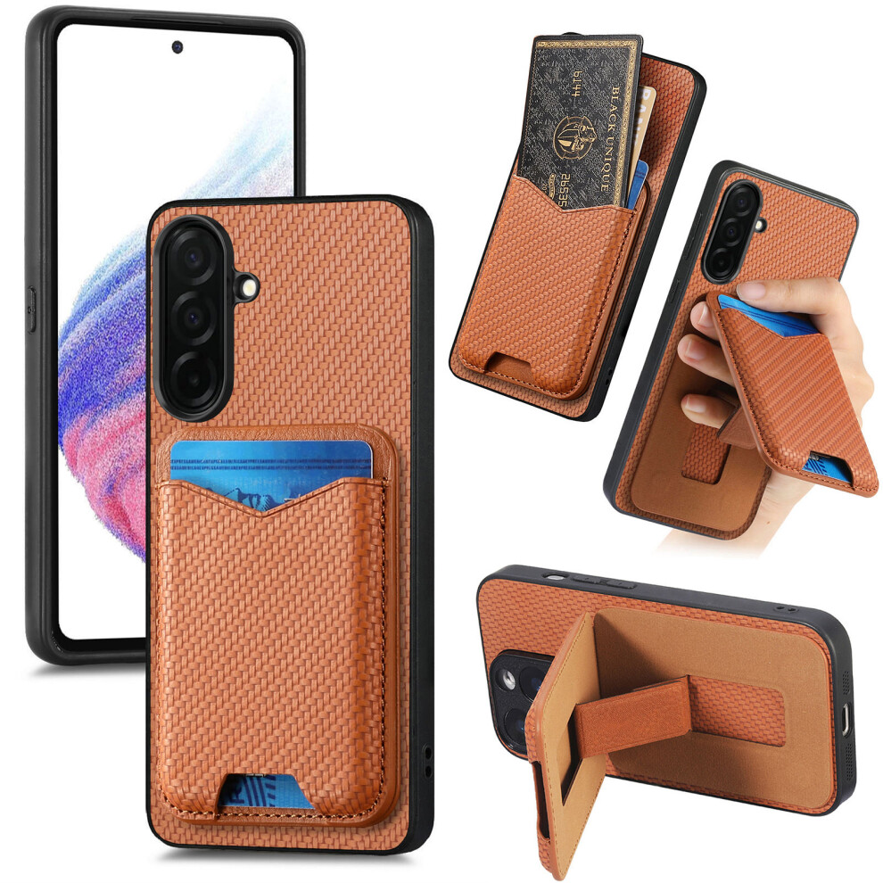 (Brown) For Samsung Galaxy A37 5G Case Card Holder Kickstand Carbon Fiber Texture Back Cover Brown 6914291000943