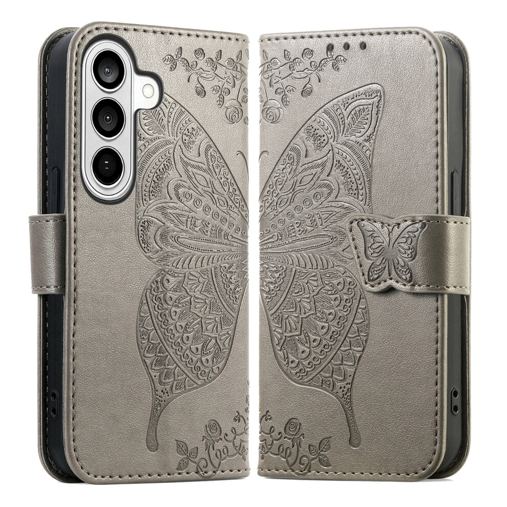 (Grey) For Samsung Galaxy S26 Case With Strap Butterfly Pattern Pu Leather Wallet Phone Cover Grey 6914292518379