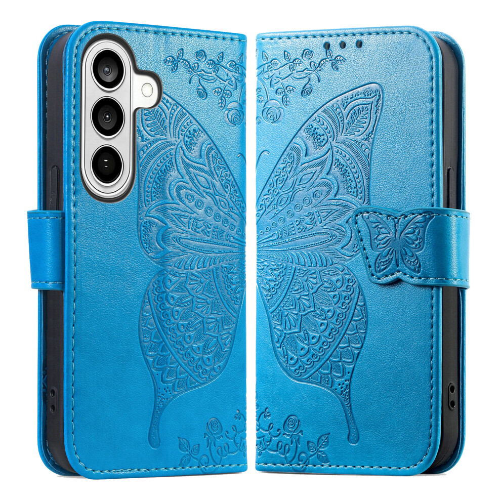 (Blue) For Samsung Galaxy S26 Case With Strap Butterfly Pattern Pu Leather Wallet Phone Cover Blue 6914292602849