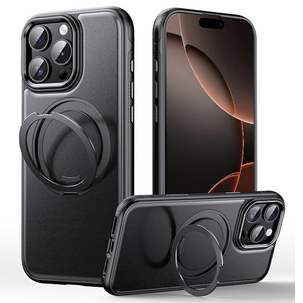 (Black) For Iphone 16 Pro Case Compatible With Magsafe Rotating Kickstand Litchi Texture Pc Tpu Phone Cover Black 6914291019730