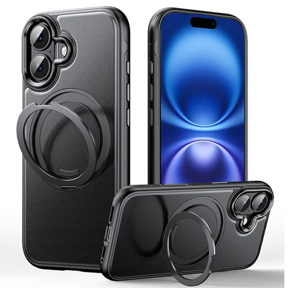 (Black) For Iphone 16 Plus Case Compatible With Magsafe Rotating Kickstand Litchi Texture Pc Tpu Phone Cover Black 6914290941094