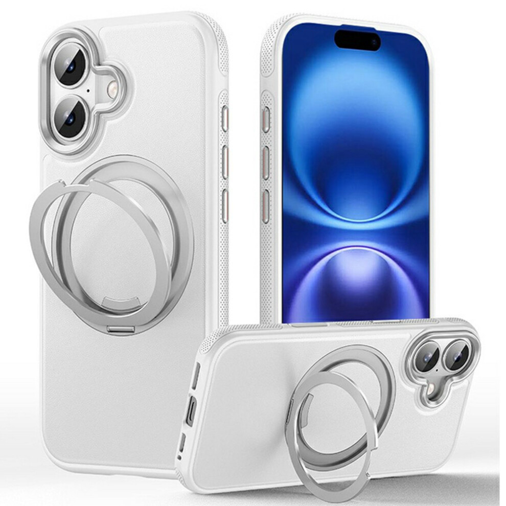 (White) For Iphone 16 Plus Case Compatible With Magsafe Rotating Kickstand Litchi Texture Pc Tpu Phone Cover White 6914298586235