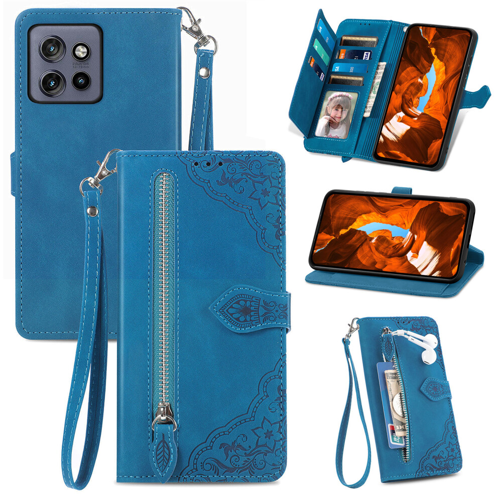 (Blue) For Motorola Edge 60 Neo 5G / Edge 50 Neo 5G / Moto S50 5G / Thinkphone 25 5G Zipper Wallet Case With Strap Flower Impri Blue 6914291929930