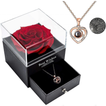 Rosa stabilizzata con collana con ciondolo e dedica in 100 lingue, regalo elegante per lei