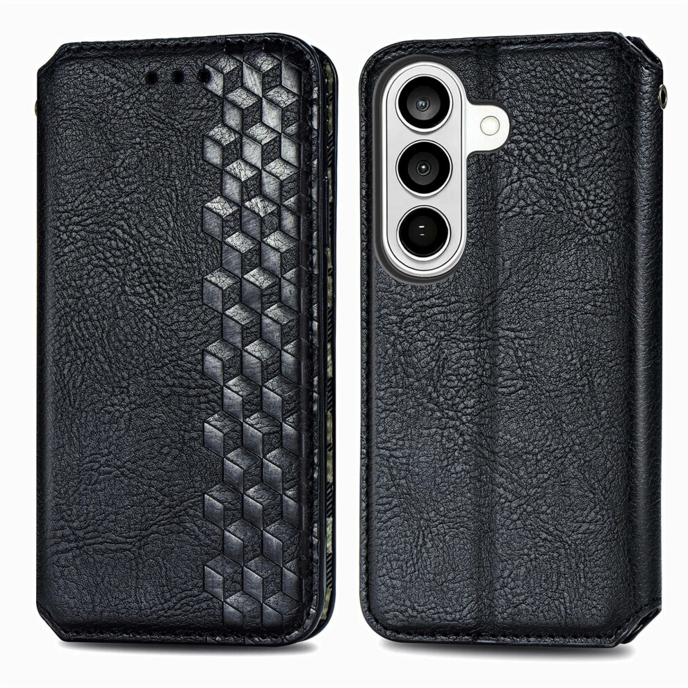 (Black) For Samsung Galaxy S26 Case Rhombus Imprint Pu Leather Wallet Phone Cover Black 6914299268680