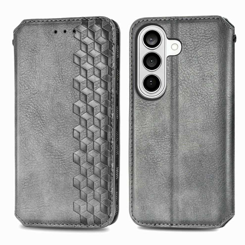 (Grey) For Samsung Galaxy S26 Case Rhombus Imprint Pu Leather Wallet Phone Cover Grey 6914290509263