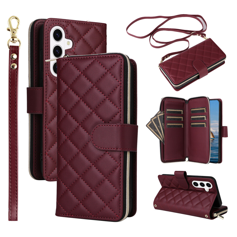 (Wine ) Phone Case For Samsung Galaxy S26 Zipper Wallet Rhombus Pu Leather Crossbody Phone Cover Red 6914294983304