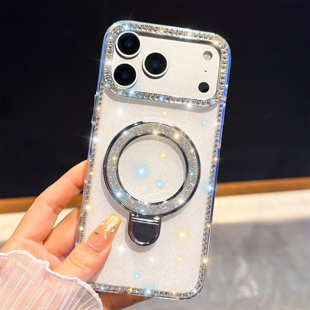 (Glitter ) For Iphone 17 Pro Case Kickstand Rhinestone Edge Glitter Back Tpu + Pc Imd Phone Cover White 6914297410272