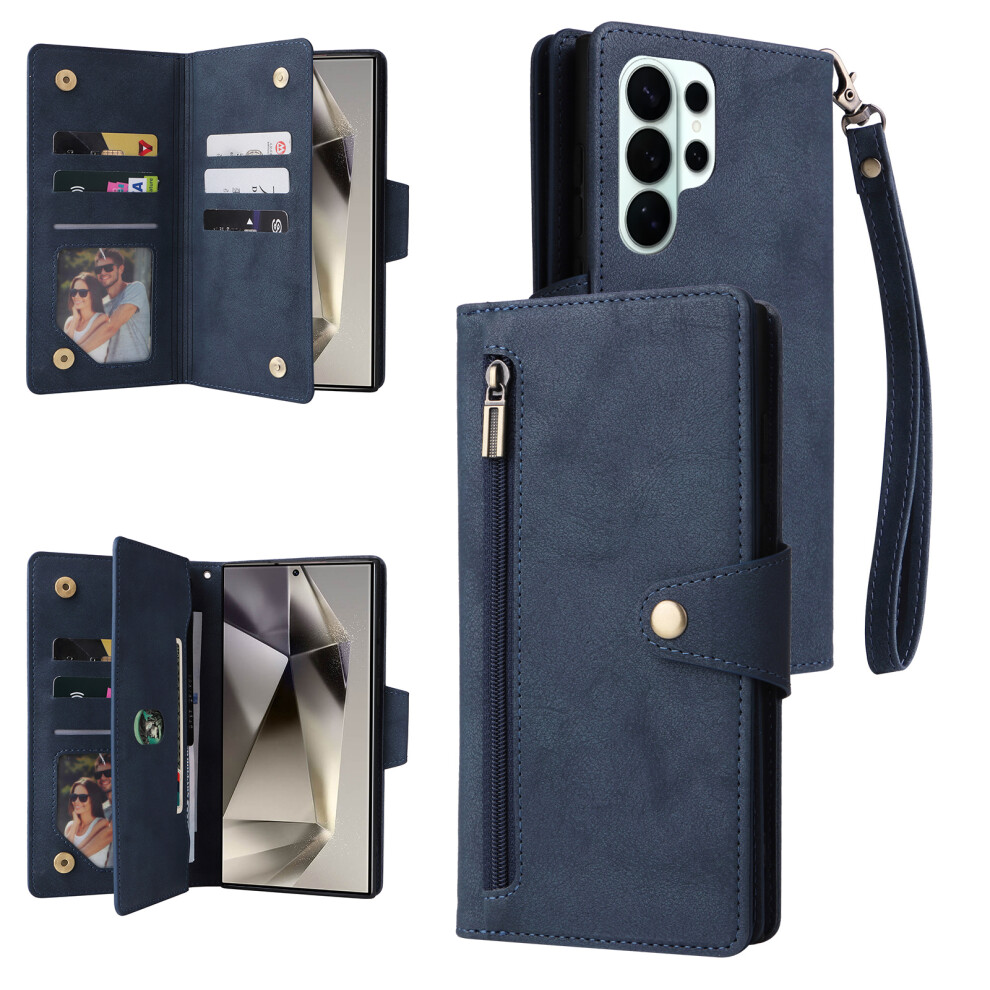 (Blue) For Samsung Galaxy S26 Ultra Case Zipper Wallet Rivet Decor Leather Phone Cover With Wrist Strap Blue 6914298388426
