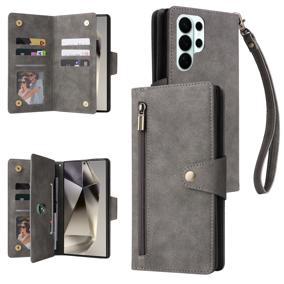 (Grey) For Samsung Galaxy S26 Ultra Case Zipper Wallet Rivet Decor Leather Phone Cover With Wrist Strap Grey 6914295390910