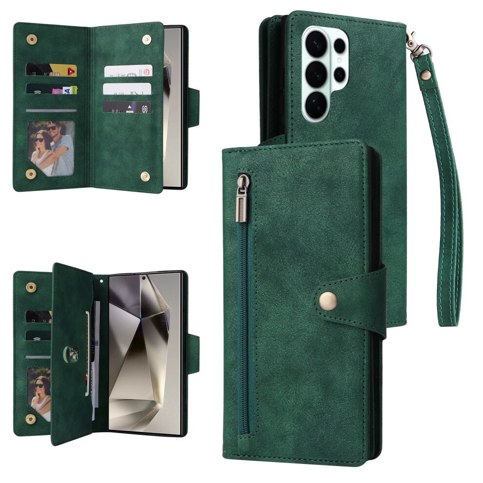 (Green) For Samsung Galaxy S26 Ultra Case Zipper Wallet Rivet Decor Leather Phone Cover With Wrist Strap Green 6914299966791