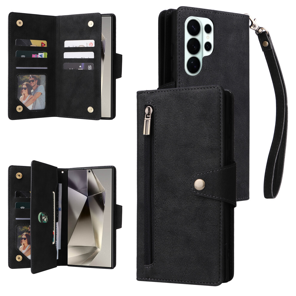 (Black) For Samsung Galaxy S26 Ultra Case Zipper Wallet Rivet Decor Leather Phone Cover With Wrist Strap Black 6914298596487