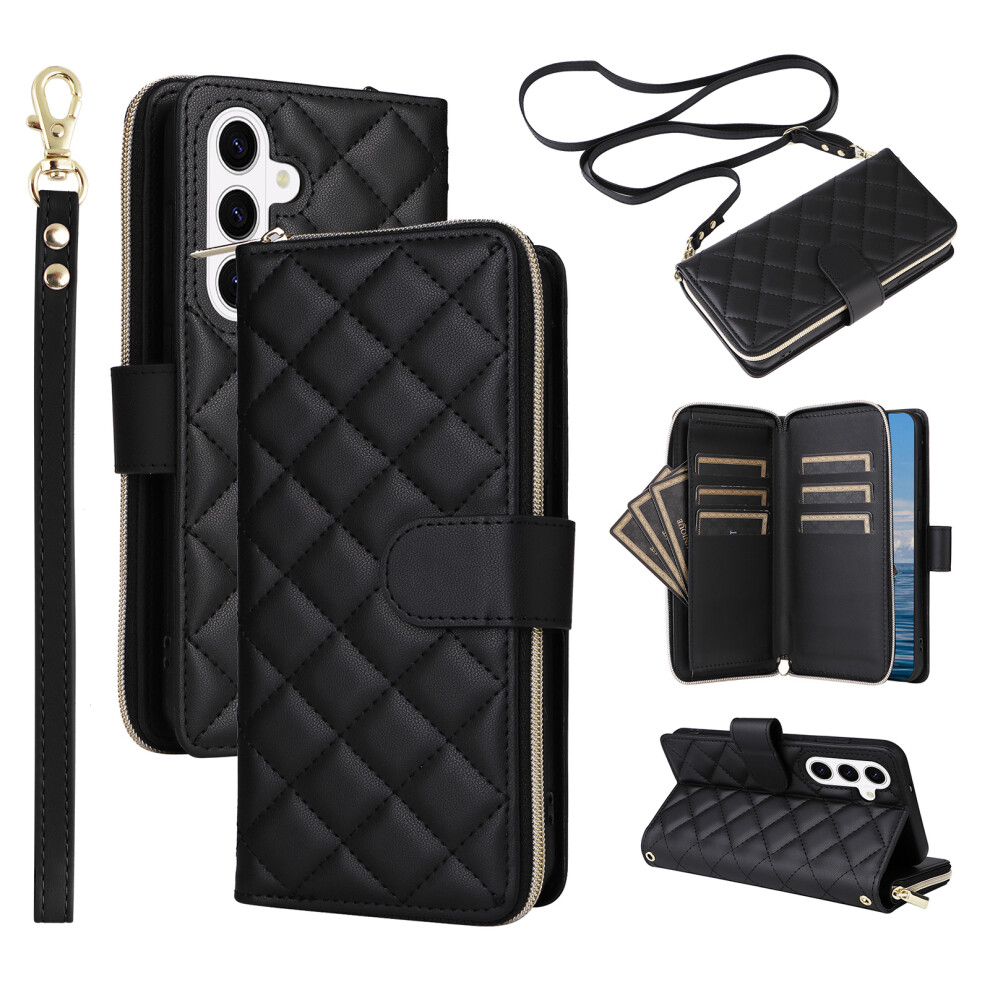 (Black) For Samsung Galaxy S26+ Case Zipper Wallet Rhombus Pu Leather Crossbody Phone Cover Black 6914290603695