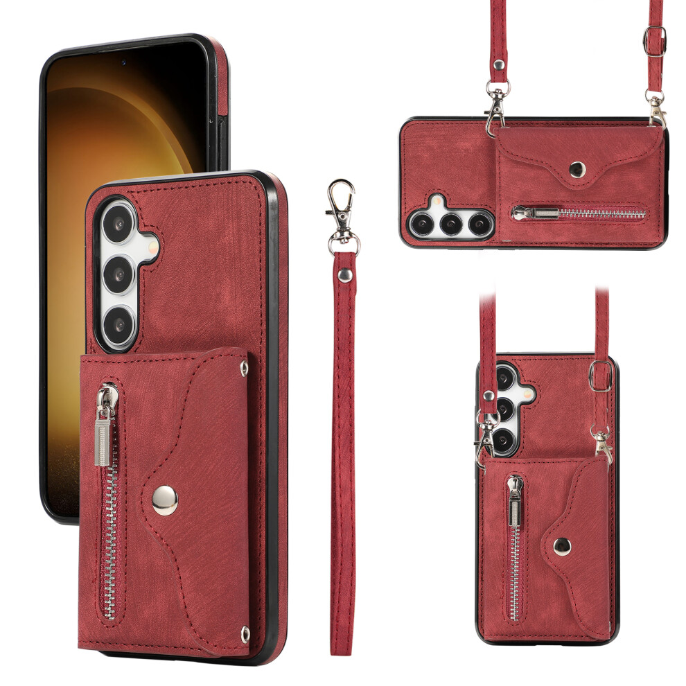 (Red) For Samsung Galaxy S26+ Cell Phone Case Pu Leather + Tpu Rfid Blocking Card Slots Cover With 2 Straps Red 6914298683354