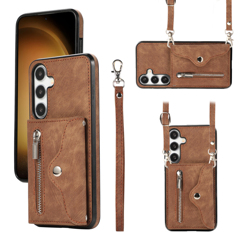 (Brown) For Samsung Galaxy S26+ Cell Phone Case Pu Leather + Tpu Rfid Blocking Card Slots Cover With 2 Straps Brown 6914290923625