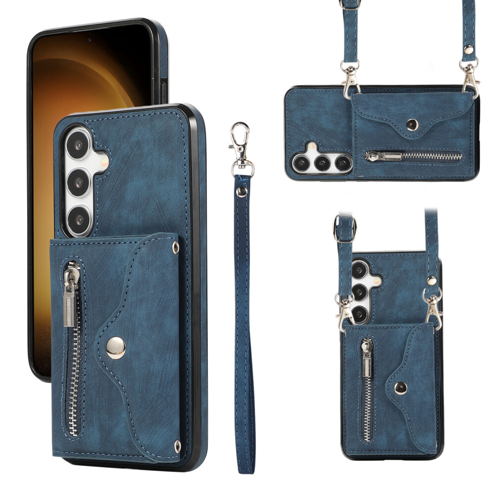 (Blue) For Samsung Galaxy S26+ Cell Phone Case Pu Leather + Tpu Rfid Blocking Card Slots Cover With 2 Straps Blue 6914294661240