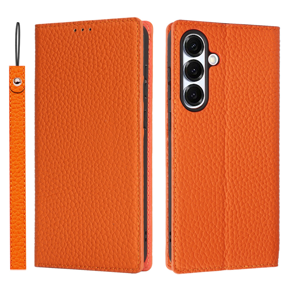 (Orange) For Samsung Galaxy S25 Fe Wallet Case Genuine Cow Leather Phone Cover Litchi Texture Orange 6914292674860