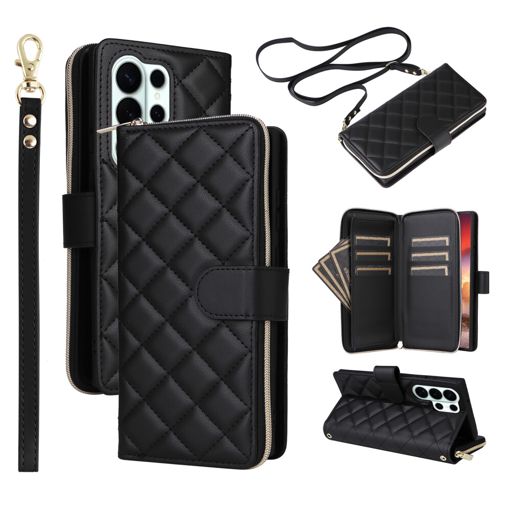 (Black) For Samsung Galaxy S26 Ultra Case Zipper Wallet Rhombus Pu Leather Crossbody Phone Cover Black 6914298905425