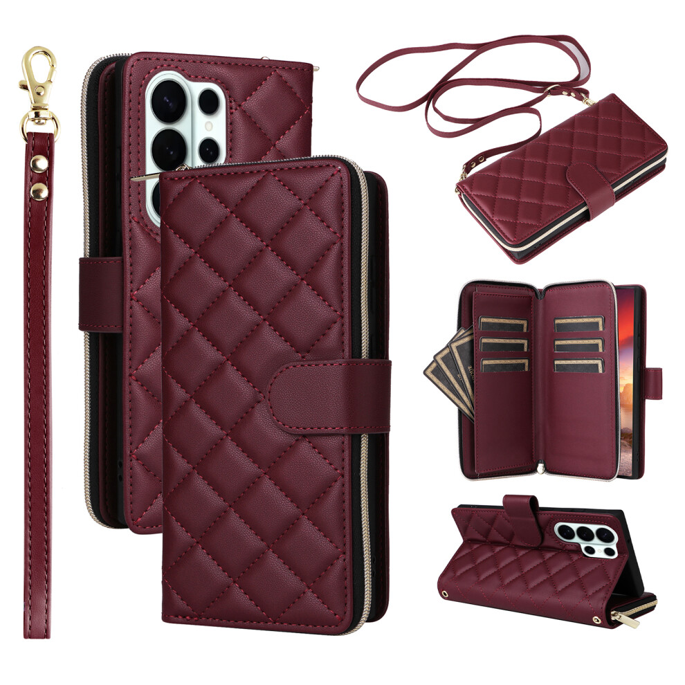 (Wine ) For Samsung Galaxy S26 Ultra Case Zipper Wallet Rhombus Pu Leather Crossbody Phone Cover Red 6914298886991