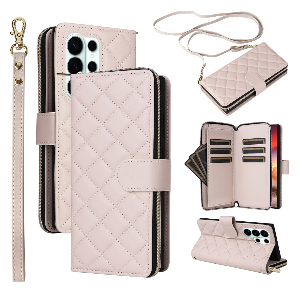 (Beige) For Samsung Galaxy S26 Ultra Case Zipper Wallet Rhombus Pu Leather Crossbody Phone Cover Cream 6914294399020