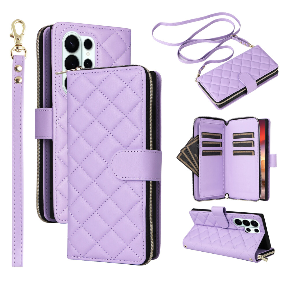 (Purple) For Samsung Galaxy S26 Ultra Case Zipper Wallet Rhombus Pu Leather Crossbody Phone Cover Purple 6914294426894
