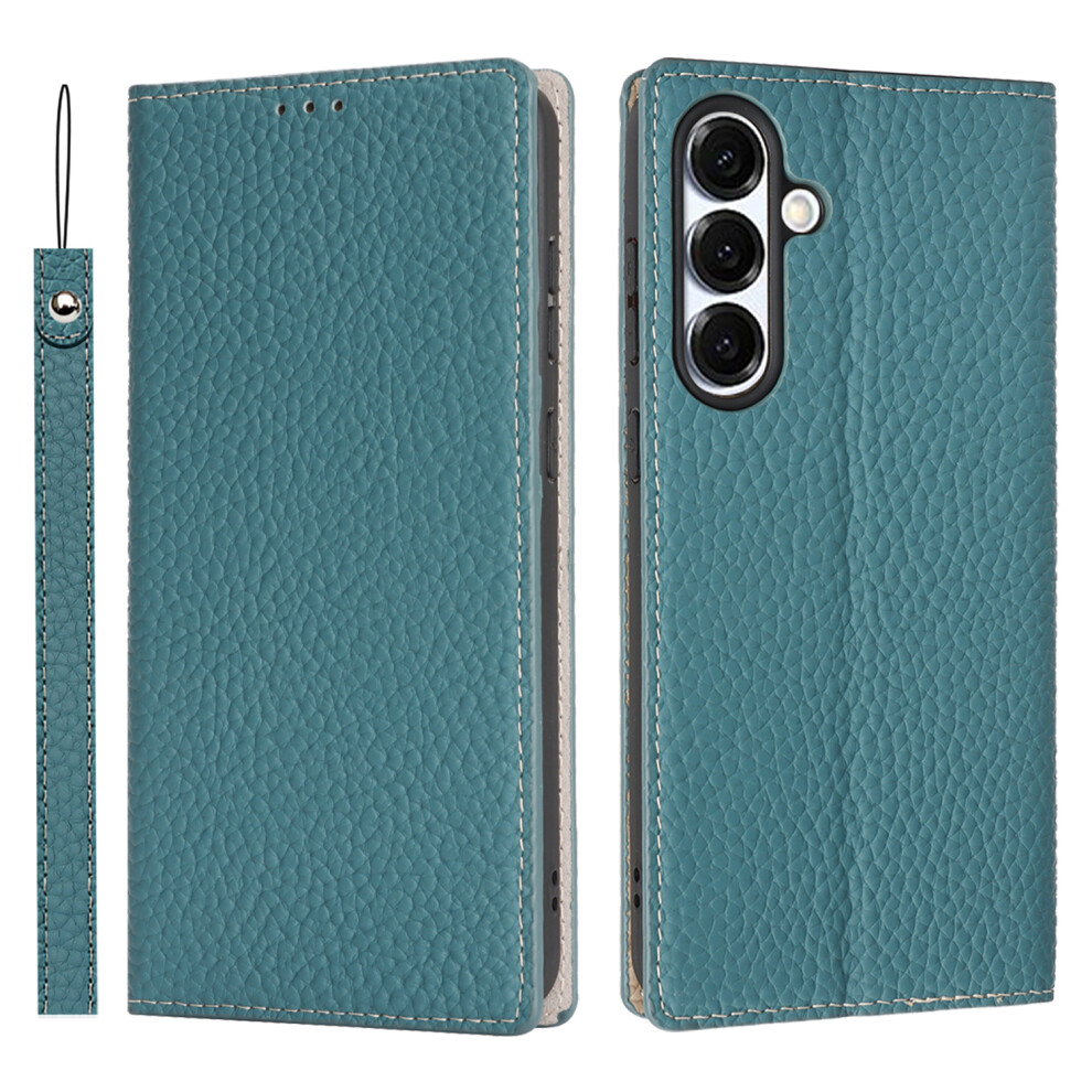 (Sky ) For Samsung Galaxy S25 Fe Wallet Case Genuine Cow Leather Phone Cover Litchi Texture Blue 6914296140491