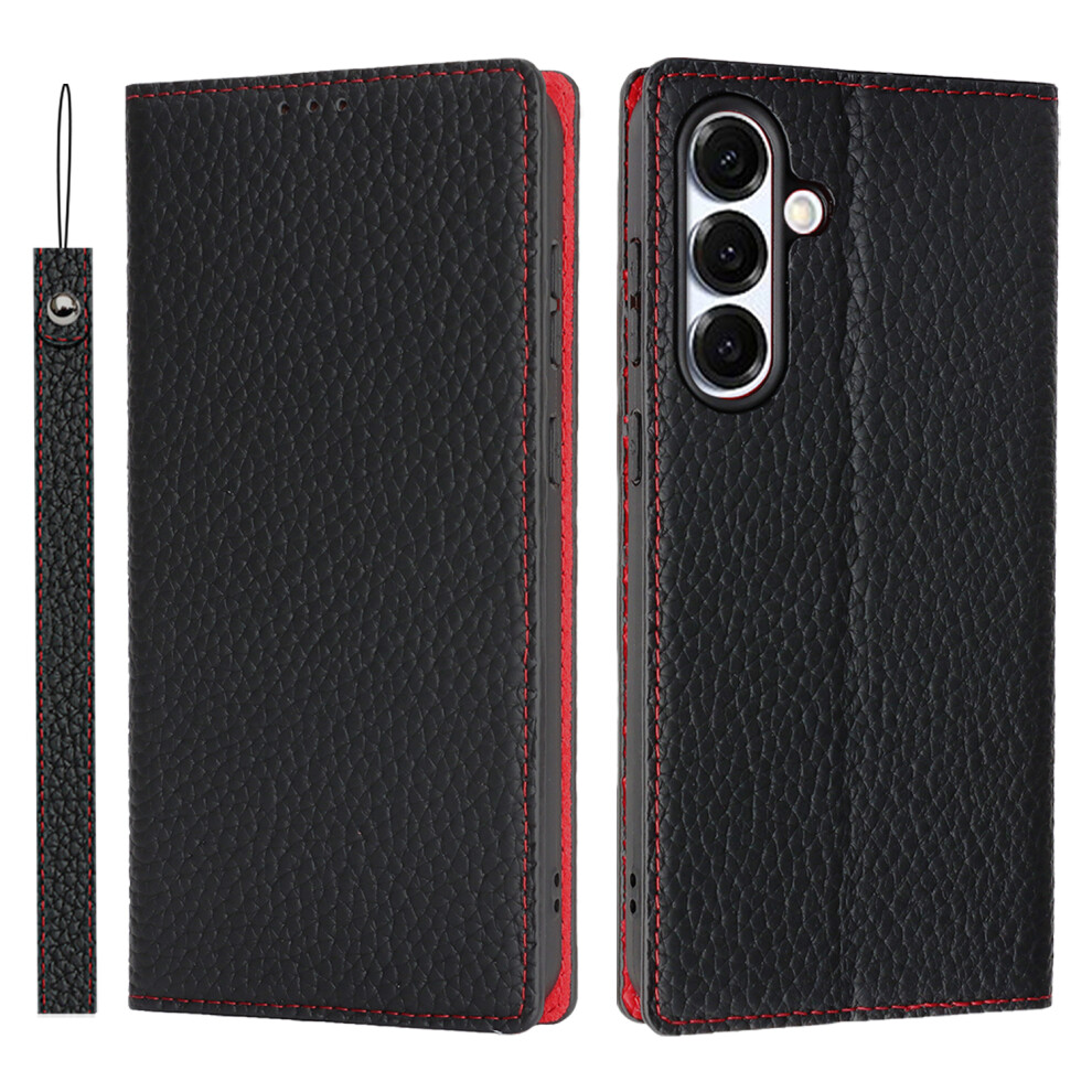 (Black) For Samsung Galaxy S25 Fe Wallet Case Genuine Cow Leather Phone Cover Litchi Texture Black 6914291125516