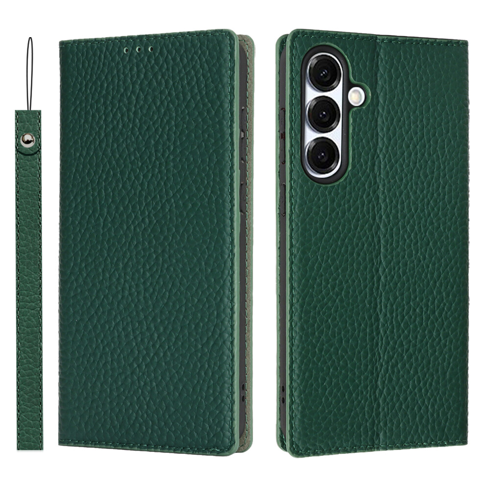 (Dark ) For Samsung Galaxy S25 Fe Wallet Case Genuine Cow Leather Phone Cover Litchi Texture Green 6914292761713