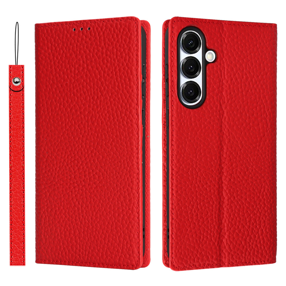 (Red) For Samsung Galaxy S25 Fe Wallet Case Genuine Cow Leather Phone Cover Litchi Texture Red 6914295313896