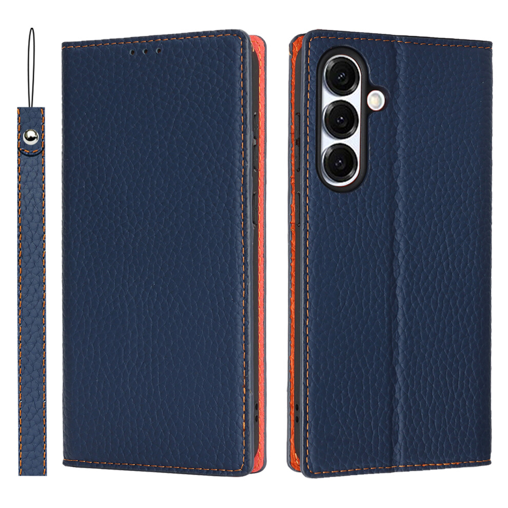 (Dark ) For Samsung Galaxy S25 Fe Wallet Case Genuine Cow Leather Phone Cover Litchi Texture Blue 6914295082525